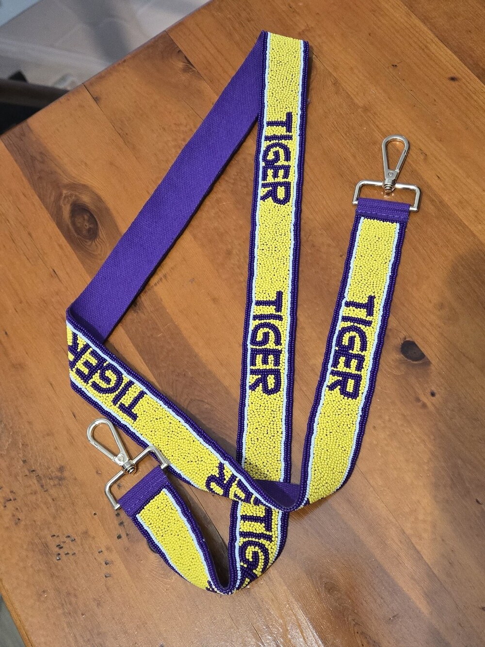NEW Beaded Purple Gold "Tiger" Bag Strap 47 Inches Length Not Including Clips
